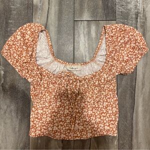 Audrey 3+1 Floral Puff Sleeve Orange/Coral Crop Top Sz S